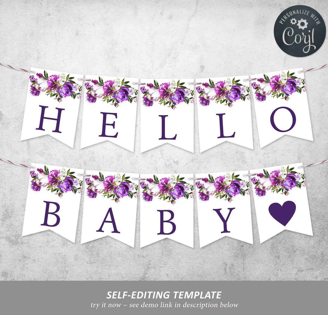 Editable Purple Alphabet Banner Template, Printable Floral Baby Shower