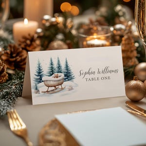 marque-places pour douche de Noël | Modèle MODIFIABLE | Cartes de visite à thème Ours en peluche enneigé et forêt à thème hiver | Plans de salle | Douche