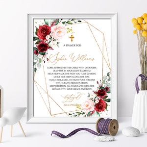Marsala & Blush Rose Floral Baptême Signe de Prière, Modèle MODIFIABLE, Carte de Prière Personnalisée, Rose Fleurs Baptême Imprimable, Cadre Or