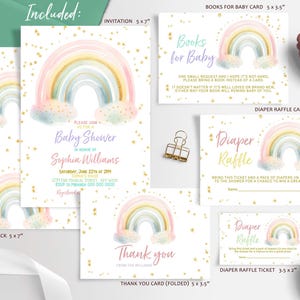 Ensemble d'invitations pour baby shower arc-en-ciel | Etoiles d'or arc-en-ciel modifiables | Modèle coloré pastel pour saupoudrer de bébé