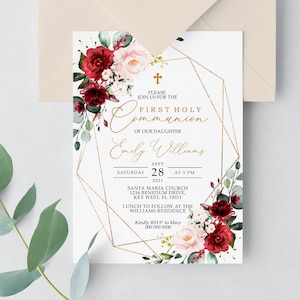 Marsala & Blush Pink Floral erste heilige Kommunion Einladung, EDITIERBARE Vorlage, Rosenblumen Printable Mädchen Taufeinladung, Goldrahmen