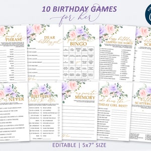 Blush Pink & Violet Blumen Geburtstagsspiele für Sie Set | EDITIERBARE Frauen-Geburtstagsspiele | Elegantes druckbares Geburtstagsparty Bundle für Erwachsene