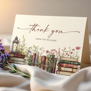 Un nouveau chapitre commence carte de remerciements | Modèle de remerciement MODIFIABLE pour baby shower livre rustique | Carte pliée imprimable floral vintage