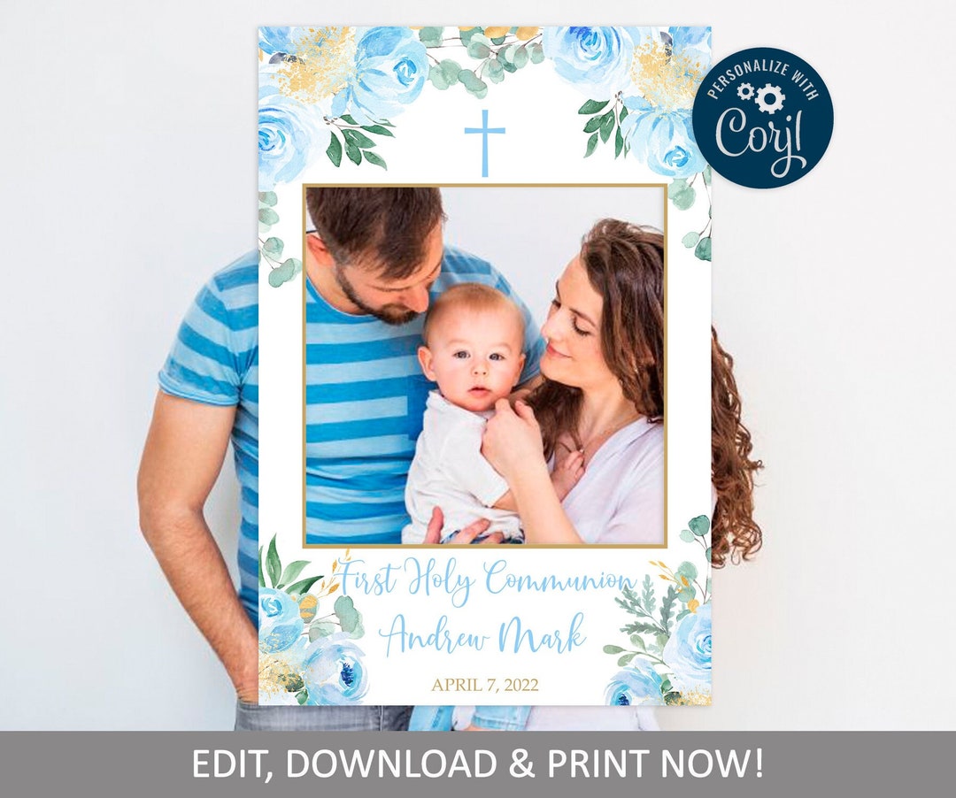 First Holy Communion Photo Booth Frame, EDITABLE Template, Blue Baptism
