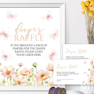 Schmetterlings-Babyparty-Windel-Verlosungsschild und Gewinnspielkarten | EDITIERBARE Windel Raffle Set Vorlage | Druckbare rosa und Pfirsich Wildblume