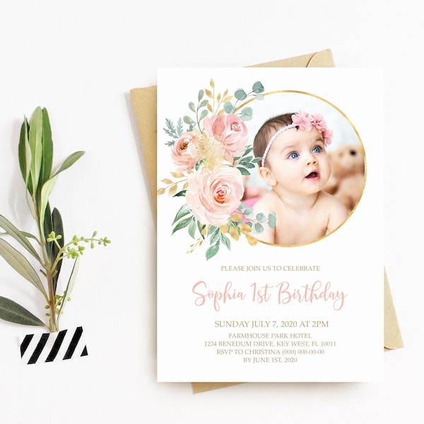 Blush Pink Baby's First Birthday Party Invitation, EDITABLE Template, Floral Printable 1st Birthday Invite, Girl, Gold, INSTANT DOWNLOAD