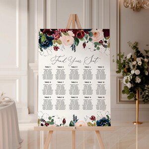 Tabella dei posti a sedere per matrimonio bordeaux e rosa, modello MODIFICABILE, poster da tavolo floreale blu navy, cartello stampabile fai da te, grande tabella dei posti a sedere per matrimonio marsala