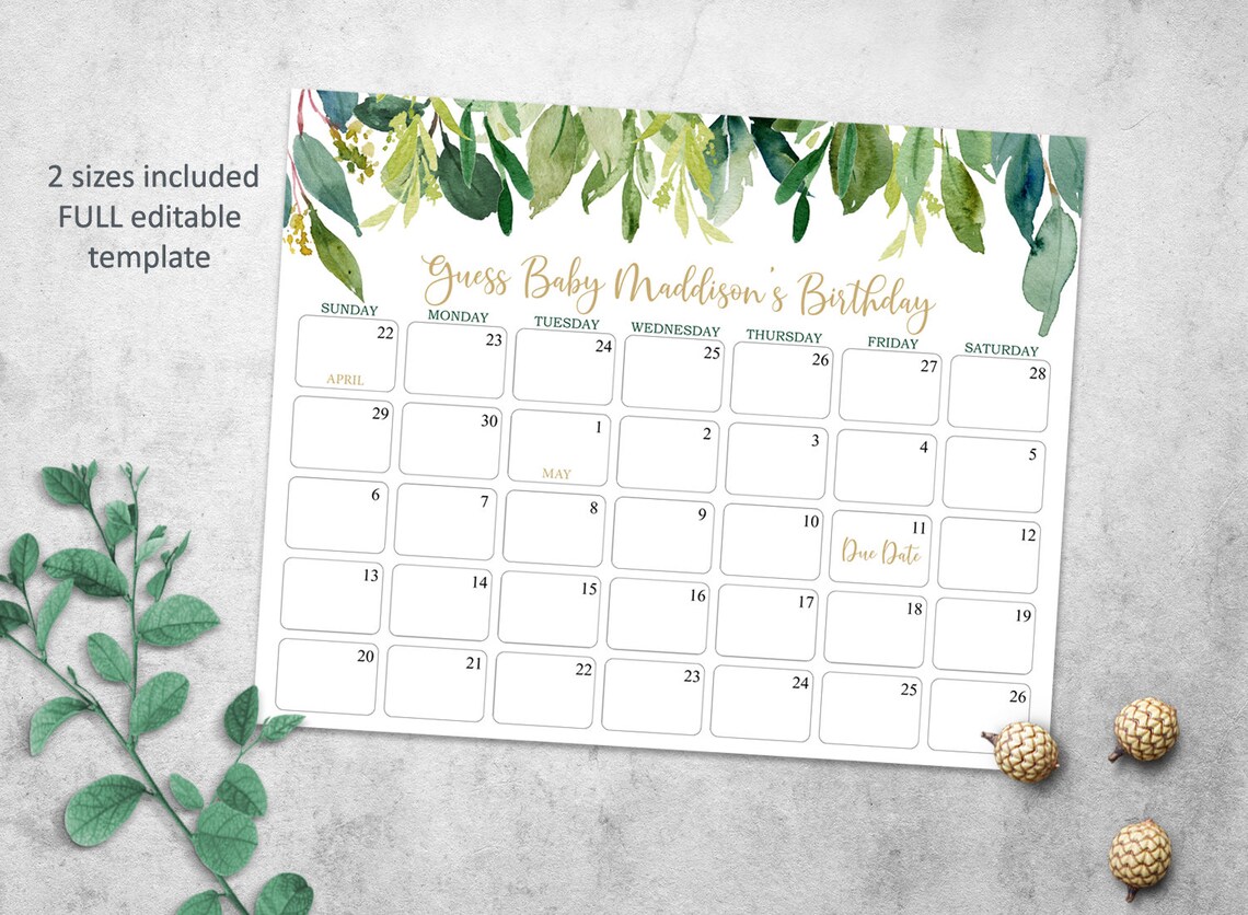 Greenery Baby Due Date Prediction Calendar EDITABLE Template Etsy