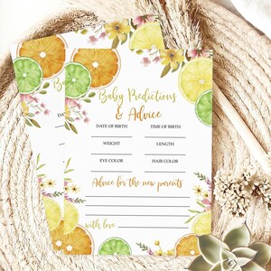 Jeu de Prédictions et Conseils pour Bébé Citrus Cutie | Activité de baby shower d'été imprimable modifiable | Carte souvenir sur le thème des fleurs tropicales