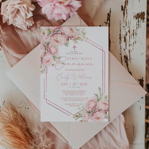Invitation de communion de fleurs roses de Zazzle.be Liste d'envies Vous avez des idées ? Cadre bohème floral rose et or rose | Modèle de communion de fille modifiable