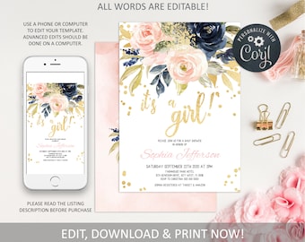 Blush Pink Floral Baby Shower Invitation: Gold Glitter (Editable Template, Instant Download)