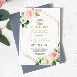 Invitation florale pour 75e anniversaire | Modèle d'anniversaire imprimable modifiable pour femmes Boho Blush rose fleurs | Invitez tous les âges | Carte cadre doré