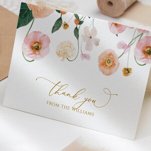 Pfirsich & Blush Blumen Dankeskarte | Druckbare Dankeschön-Karte | Mohnblumen Brautbrunch | Boho Babyparty | Geburtstag | Hochzeit