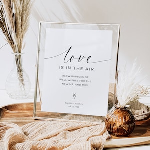 Placa de bolhas de casamento editável minimalista - Despedida de bolhas minimalista, Bolhas de sopro para nós, Placa de amor está no ar, Modelo de votos de felicidades