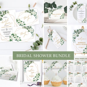 Lot d'invitations nuptiales de douche d'eucalyptus vert sauge | Modèle MODIFIABLE | Faire-part de douche floral imprimable avec cadre doré, jeux et décoration