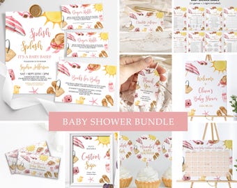 May include: A baby shower bundle with a beach theme. Includes invitations, games, signs, and cupcake toppers. Designs feature watercolor illustrations of beach items like sunglasses, sun, and beach bags. The text includes "Splish Splash" and "Baby Shower".