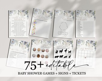 Puede incluir: Un conjunto de juegos de baby shower imprimibles con un diseño floral azul y blanco. Los juegos incluyen "Would You Rather", "Baby Shower Emojipictionary", "Draw Baby", "Baby Word Scramble", "The Price is Right", "Head or Belly", "Animal Pregnancy" y "Baby Bingo".