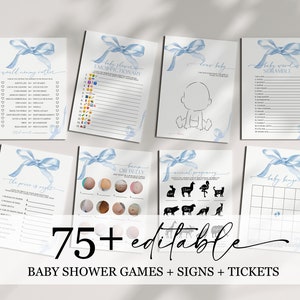 Blue Bow Baby Shower Games | Editable Modern Baby Shower Game Bundle Template | Printable Watercolor Blue Ribbon Boy Baby Shower Games