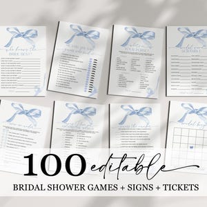 Puede incluir: Un conjunto de ocho juegos y letreros imprimibles para una despedida de soltera. Cada tarjeta presenta un diseño de lazo en acuarela azul claro. También se ve el texto "100 editable" y "Bridal Shower Games + Signs + Tickets".