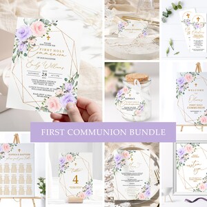 Paquete de invitaciones para la primera comunión, plantilla imprimible editable con flores en rosa ruborizado y violeta, paquete de dedicatorias en tonos morado y dorado