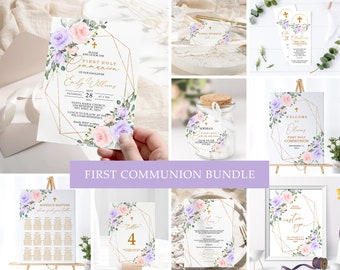 Erstkommunion Einladungspaket, EDITIERBARE Blush Pink & Violet Blumen druckbare Taufe Vorlage, Lila und Gold Widmung Suite