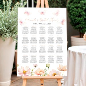 Mapa de assentos de borboletas | Modelo de mapa de assentos de mesa de flores silvestres rosa e pêssego EDITÁVEL | Plano de assentos DIY para casamento | Tema natureza