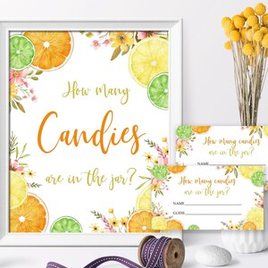 Hoeveel snoepjes zitten er in de pot? Spel | Bewerkbare oranje schatje citrus babyshower spelset | Afdrukbare bord- en antwoordkaarten Summer Baby Bash