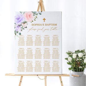 Blozen roze en violette bloemen doopsel zitplaatsen grafiek, BEWERKBARE sjabloon, tafel poster, DIY Boho afdrukbare sjabloon, Rose bloemen zitplaatsen plan