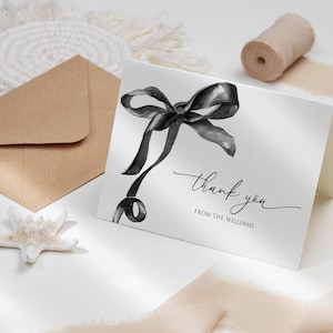 Tarjeta de agradecimiento con lazo negro elegante / Nota de agradecimiento para bodas editable e imprimible / Tarjeta de despedida de soltera con lazo de acuarela minimalista