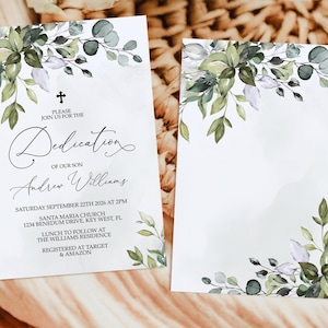 Invitation de dévouement de garçon de <br> Profitez-en ! Modèle MODIFIABLE | Faire-part de baptême imprimable d'eucalyptus et de feuilles d'olivier | Carte de baptême minimale