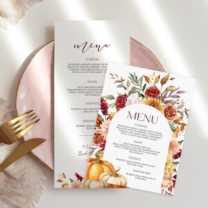 Herbstliche Hochzeit Menü Vorlage: Florales Kürbis Design (Digitaler Download 12x18,5 cm)