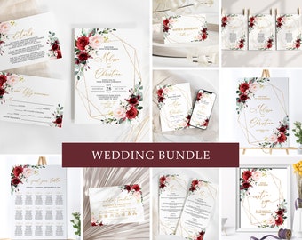 Marsala Rose Wedding Invitation Bundle: Editable Gold Frame (Digital Download)