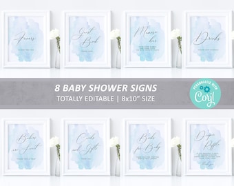 Pack de panneaux bleus aquarelle pour baby shower : modifiable 8 x 10 (téléchargement numérique)