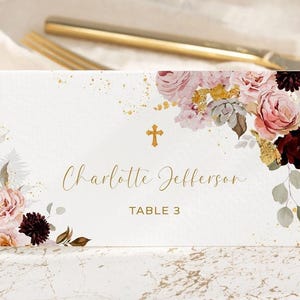 Burgundy Floral Baptism Place Cards, Editable Christening Seating Cards, Tent Fold Escort Cards, Printable Religious Template