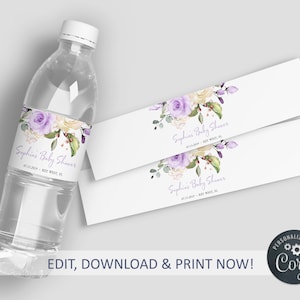 EDITABLE Lavender Bottle Label, Water Labels Printable Birthday Template, Baby Shower Label, Custom Water Bottle Label,INSTANT DOWNLOAD