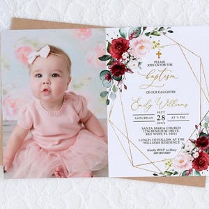 Marsala & Blush Rosa Blumen Taufe Einladung | EDITIERBARE Rose Blumen Druckbare Mädchen Foto Taufe Vorlage | Boho Goldrahmen Widmung