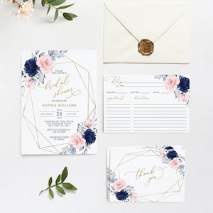 Ensemble d'invitations nuptiales florales rose et bleu marine | Modèle MODIFIABLE | Suite d'invitations à un brunch imprimable avec cadre doré et cartes de recettes