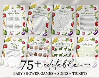 May include: A collection of baby shower game cards with watercolor vegetable borders. Games include "Would Mommy Rather," "Emoji Pictionary," and "Draw Baby." The text "75+ editable" and "Baby Shower Games + Signs + Tickets" are also visible.