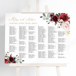 Marsala e rosa cipria floreale in ordine alfabetico / modello di tabella dei posti a sedere per matrimonio MODIFICABILE / posti a sedere fai da te stampabili in rosso bordeaux