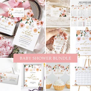Baby in Blüte-Dusche-Einladung Bündel | EDITIERBARE Pfirsich & Blush Blumen Vorlage | Elegant Poppy Blumen-Einladung und Spiele zum Ausdrucken