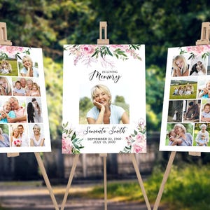 Conjunto de pósteres para funerales con flores de color rosa ruborizado / Póster conmemorativo imprimible y editable / Plantilla de collage de fotografías para celebrar la vida