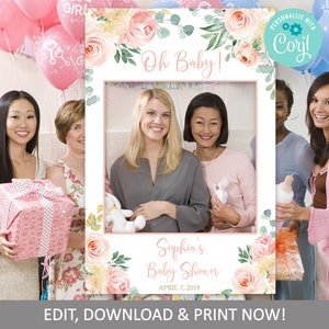 Baby Shower Photo Booth Frame, Blush Pink and Gold Baby Shower Selfie Frame, Boho Baby Shower Decoration, Oh Baby Sign, INSTANT DOWNLOAD