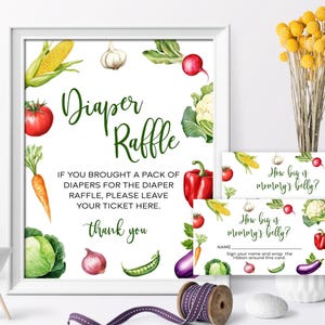 Locally Grown Diaper Raffle Sign and Tickets | EDITABLE Vegetable Garden Baby Shower Game | Printable Watercolor Rustic Farm Theme Template