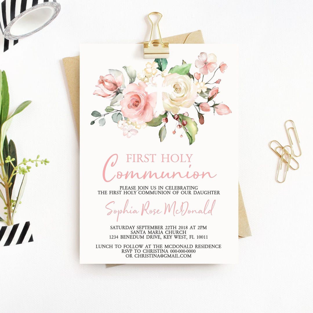 First Holy Communion Invitation | Editable Blush Pink Floral Template ...