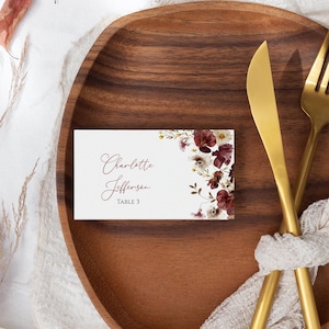 marque-places Fleurs sauvages d'automne | Modèle MODIFIABLE | marque-place imprimable pour siège fleurs rouges et blanches | Mariée, Fête prénatale, Mariage