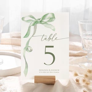 Números de mesa con lazo verde salvia / Plantilla editable / Tarjetas imprimibles para bodas, despedidas de soltera y baby shower / Diseño minimalista / Cinta