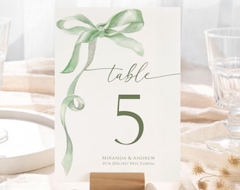 Sage Green Bow Table Numbers: Minimalist Wedding Seating (EDITABLE Template)