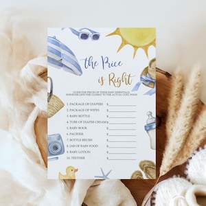 Jogo Splish Splash The Price is Right | Modelo de jogo de chá de bebê Boho Boy editável | Cartão de praia azul de verão para impressão