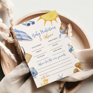 Jeu de prédictions et conseils pour bébé Splish Splash | Modèle de conception Summer Boy MODIFIABLE | Activités imprimables pour le brunch | Carte plage bleue