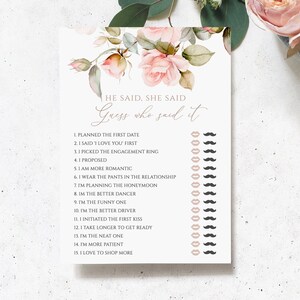 Gentle Rose He Said She Said Shower Game | EDITABLE Printable Blush Pink Rose Template | Floral Bridal Brunch Activity | Instant Download